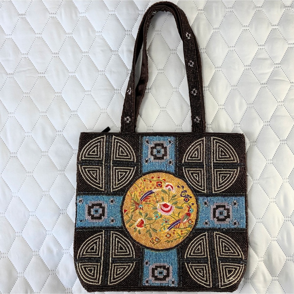Vintage Seed Bead bag Geometric Beadwork Embroidery Medallion Birds Flowers 90s